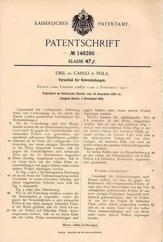 Original Patentschrift - Emil de Carlo in Pola , 1901 , Verschluß für Rohrmündungen , Metallbau !!!