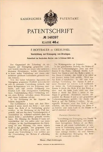 Original Patentschrift - F. Hoffbauer in Oberursel , 1903 , Apparat zur Druckgas - Erzeugung!!!