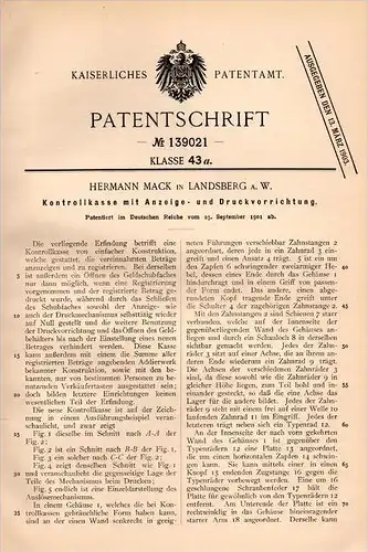 Original Patentschrift - H. Mack in Landsberg a.W., 1901, Kontrollkasse mit Anzeige , Kasse , Sparkasse !!!