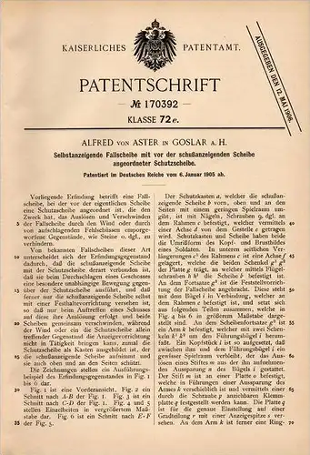 Original Patentschrift - Alfred von Aster in Goslar a.H., 1905 , gegen Durchschüsse sicheres Glas , Fallscheibe !!!