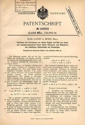 Original Patentschrift - Jean Gathy in Mons / Bergen , 1905 , Gewinnung von Kupfer und Blei , Chemie !!!