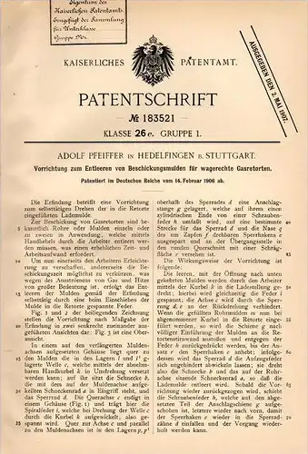 Original Patentschrift - A. Pfeiffer in Hedelfingen b. Stuttgart , 1906 , Apparat für Gasretorten , Gas !!!