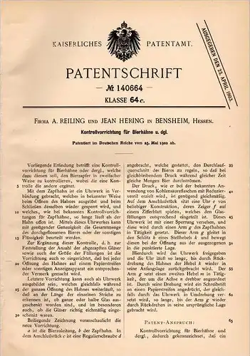Original Patentschrift - A. Reiling und J. Hering in Bensheim , 1902 , Apparat für Bierhahn , Zapfanlage , Bar , Kneipe
