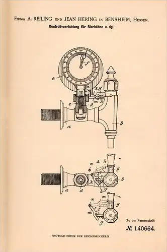 Original Patentschrift - A. Reiling und J. Hering in Bensheim , 1902 , Apparat für Bierhahn , Zapfanlage , Bar , Kneipe
