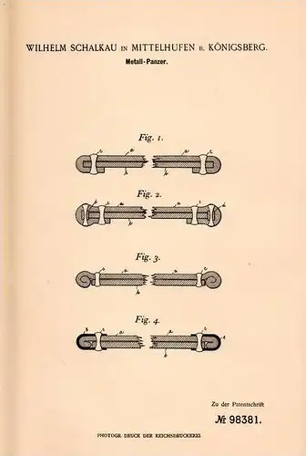 Original Patentschrift -W. Schalkau in Mittelhufen b. Königsberg ,1897, Panzerschreck , Geschoss gegen Panzer , Munition