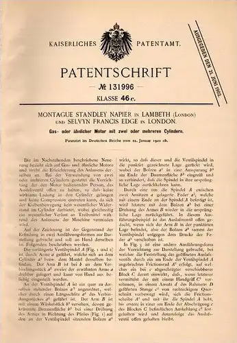 Original Patentschrift - Montague Standley Napier in Lambeth , London , 1900 , Motor mit mehreren Cylindern !!!