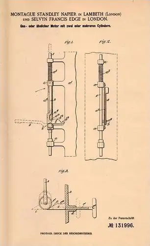 Original Patentschrift - Montague Standley Napier in Lambeth , London , 1900 , Motor mit mehreren Cylindern !!!