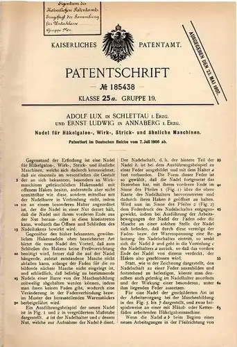 Original Patentschrift - A. Lux und E. Ludwig in Schlettau und Annaberg i. Erzgeb., 1906 , Nadel für Strickmaschine !!!