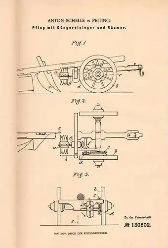 Original Patentschrift -Anton Schelle in Peiting b. Weilheim ,1901, Pflug mit Düngereinleger , Landwirtschaft , Schongau