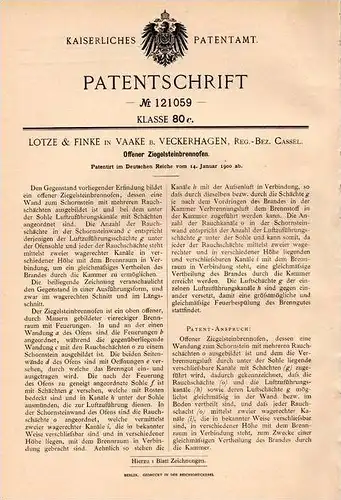 Original Patentschrift - Lotze & Finke in Vaake b. Reinhardshagen , 1900 , Ziegelstein - Brennofen , Ziegelei , Ziegel