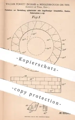 original Patent - William Porritt Ingham , Middlesbrough , York , England | 1894 | Formstein für Kamin , Schornstein