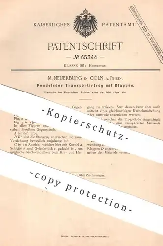 original Patent - M. Neuerburg , Köln / Rhein , 1892 , Transportiertrog mit Klappen | Hebezeug , Aufzug , Kurbel , Trog
