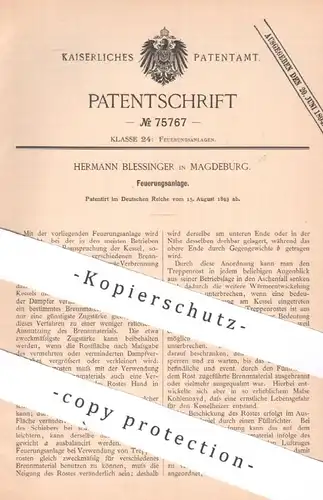 original Patent - Hermann Blessinger , Magdeburg , 1893 , Feuerungsanlage | Feuerung , Ofen , Heizung , Ofenbauer