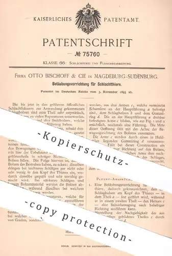 original Patent - Otto Bischoff & Cie , Magdeburg / Sudenburg , 1893 , Betäubung f. Schlachttiere | Schlachterei , Wurst