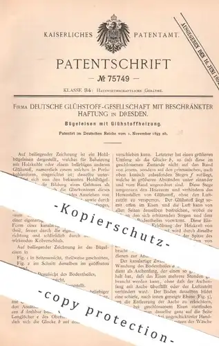 original Patent - Deutsche Glühstoff GmbH Dresden | 1893 | Bügeleisen mit Glühstoffheizung