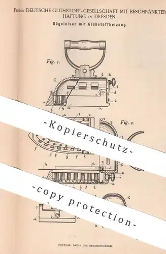 original Patent - Deutsche Glühstoff GmbH Dresden | 1893 | Bügeleisen mit Glühstoffheizung