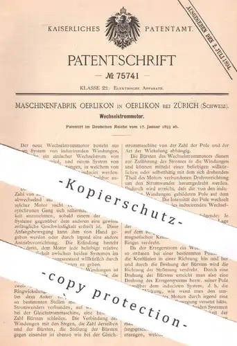 original Patent - Maschinenfabrik Oerlikon | Zürich , Schweiz | 1893 | Wechselstrommotor | Strom , Elektrik , Magnet