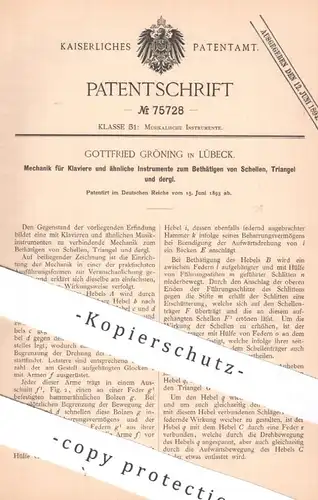 original Patent - Gottfried Gröning , Lübeck , 1893 , Klavier - Mechanik | Piano , Musik - Instrument , Triangel