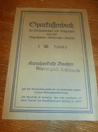 altes Sparbuch Bautzen / Bischofswerda , 1952 - 1958 , Charlotte Metzig in Bischofswerda , Sparkasse , Bank !!!