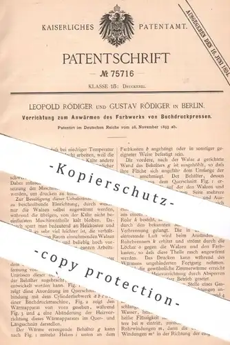 original Patent - Leopold & Gustav Rödiger , Berlin , 1893 , Farbwerk an Buchdruckpresse | Druck - Presse | Buchdruck