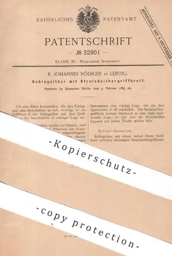original Patent - R. Johannes Rödiger , Leipzig , 1885 , Schlagzitter | Zitter , Musikinstrument , Musik , Streichzitter