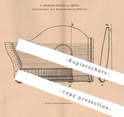 original Patent - R. Johannes Rödiger , Leipzig , 1885 , Schlagzitter | Zitter , Musikinstrument , Musik , Streichzitter