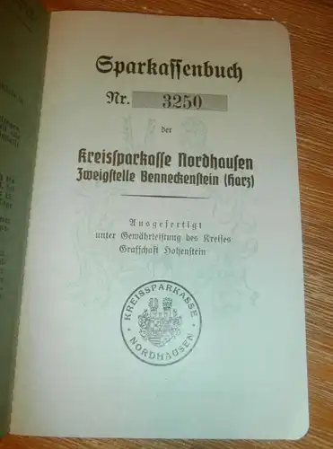 altes Sparbuch Nordhausen / Benneckenstein , 1940 - Mai 1945 , Sparkasse , Bank !!!
