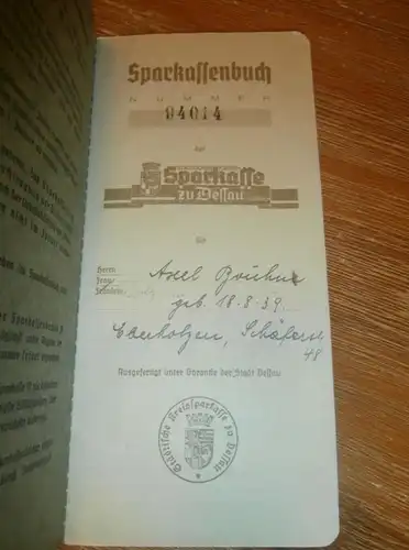 altes Sparbuch Dessau , 1944 - 1945 , Axel Bruhm in Eberholzen , Sparkasse , Bank !!!