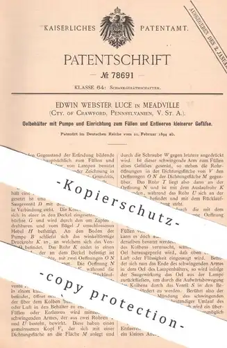 original Patent - Edwin Webster Luce , Meadville , Crawford , Pennsylvania USA | 1894 | Ölgefäß mit Pumpe | Öllampe , Öl