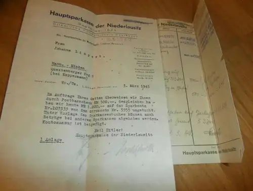 altes Dokument Lübben i. Spreewald , März 1945 , Johanna Limpert in Lübben , Hannover - Minden , Sparkasse , Bank !!!