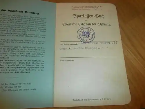 altes Sparbuch Schönau bei Chemnitz , 1934 - 1945 , Hildegard Rudorf geb. Melzer in Chemnitz  , Sparkasse , Bank !!!