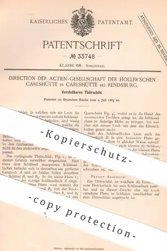 original Patent - Direction der AG der Holler'schen Carlshütte | Rendsburg | 1885 | Türschild | Beschlag , Tür , Schloss