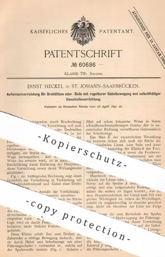 original Patent - Ernst Heckel , St. Johann / Saarbrücken | 1891 | Aufwickelvorrichtung für Drahtlitze , Kabel , Seile !