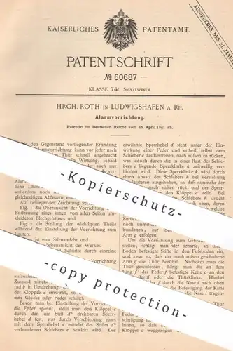 original Patent - Hrch. Roth , Ludwigshafen a. Rh. | 1891 | Alarmvorrichtung | Alarmanlage | Signal , Klingel