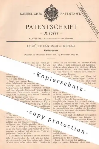 original Patent - Gebrüder Rawitsch , Breslau , 1893 , Kleiderschrank | Schrank , Schränke , Möbel , Möbelbauer ,