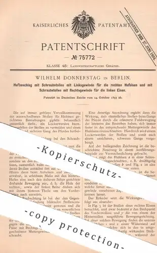 original Patent - Wilhelm Donnerstag , Berlin , 1899 , Hufbeschlag mit Schraubstollen | Hufschmied , Hufeisen | Pferde !