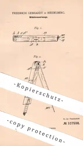 original Patent - Friedrich Gebhardt , Heidelberg , 1899 , Winkelwasserwaage | Wasserwaage aus Holz | Waage !!