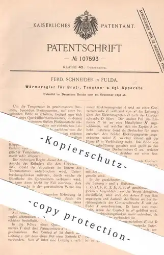 original Patent - Ferd. Schneider , Fulda , 1898 , Wärmeregler für Brutapparat , Trockenapparat | Quecksilber
