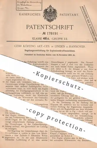 original Patent - Gebr. Körting AG , Linden / Hannover , 1905 , Regelung für Explosionskraftmaschinen | Gasmotor !!