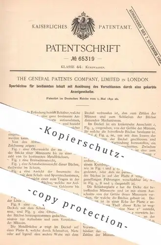 original Patent - The General Patents Company Ltd. London , England | 1892 | Sparbüchse , Spardose | Münze , Münzen