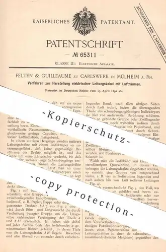 original Patent - Felten & Guilleaume zu Carlswerk , Mülheim | 1892 | elektrische Leitungskabel | Stromkabel , Strom