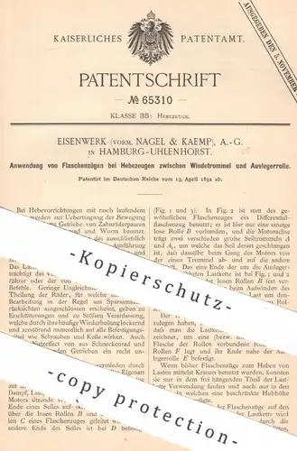 original Patent - Eisenwerk , vormals Nagel & Kaemp AG , Hamburg / Uhlenhorst | 1892 | Flaschenzug , Hebezeug , Winde !!