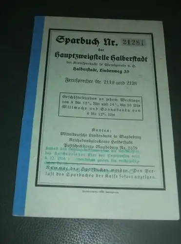 altes Sparbuch Halberstadt / Wernigerode , 1940 - 1942 , Anneliese Jäger in Oberhausen i. Bayer   , Sparkasse , Bank !!!