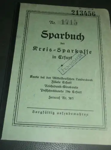 altes Sparbuch Erfurt , 1930 - 1949 , Klara Lehmann in Erfurt , Sparkasse , Bank !!!