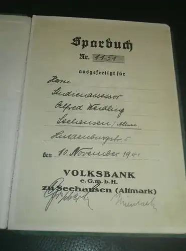 altes Sparbuch Seehausen / Altmark , 1941 - 1945 , Alfred Weidling in Seehausen , Sparkasse , Bank !!!