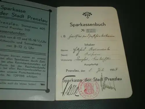 altes Sparbuch Prenzlau , 1937 - 1944 , Sparkasse , Bank !!