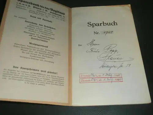 altes Sparbuch Plauen , 1933 - 1944 , Rudi Popp in Plauen , Sparkasse , Bank !!!
