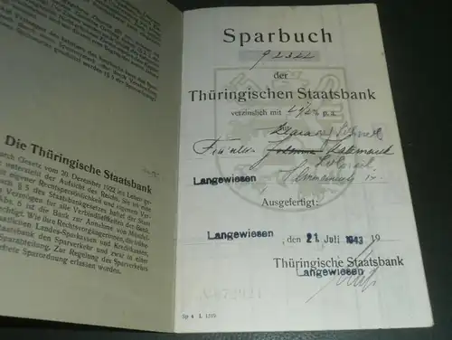 altes Sparbuch Langewiesen , 1943 - 1946 , Sparkasse , Bank !!!