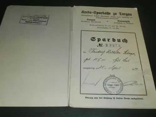 altes Sparbuch Torgau , 1933 - 1946 , Gutsbesitzer F.W. Schaeper in Last / Beilrode , Sparkasse , Bank !!!