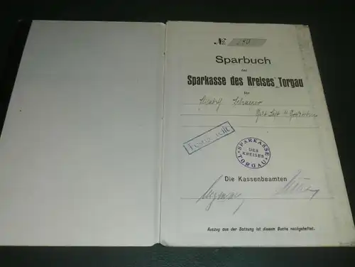 altes Sparbuch Torgau , 1925 - 1944 , Gutsbesitzer Schaeper in Last / Beilrode , Sparkasse , Bank !!!